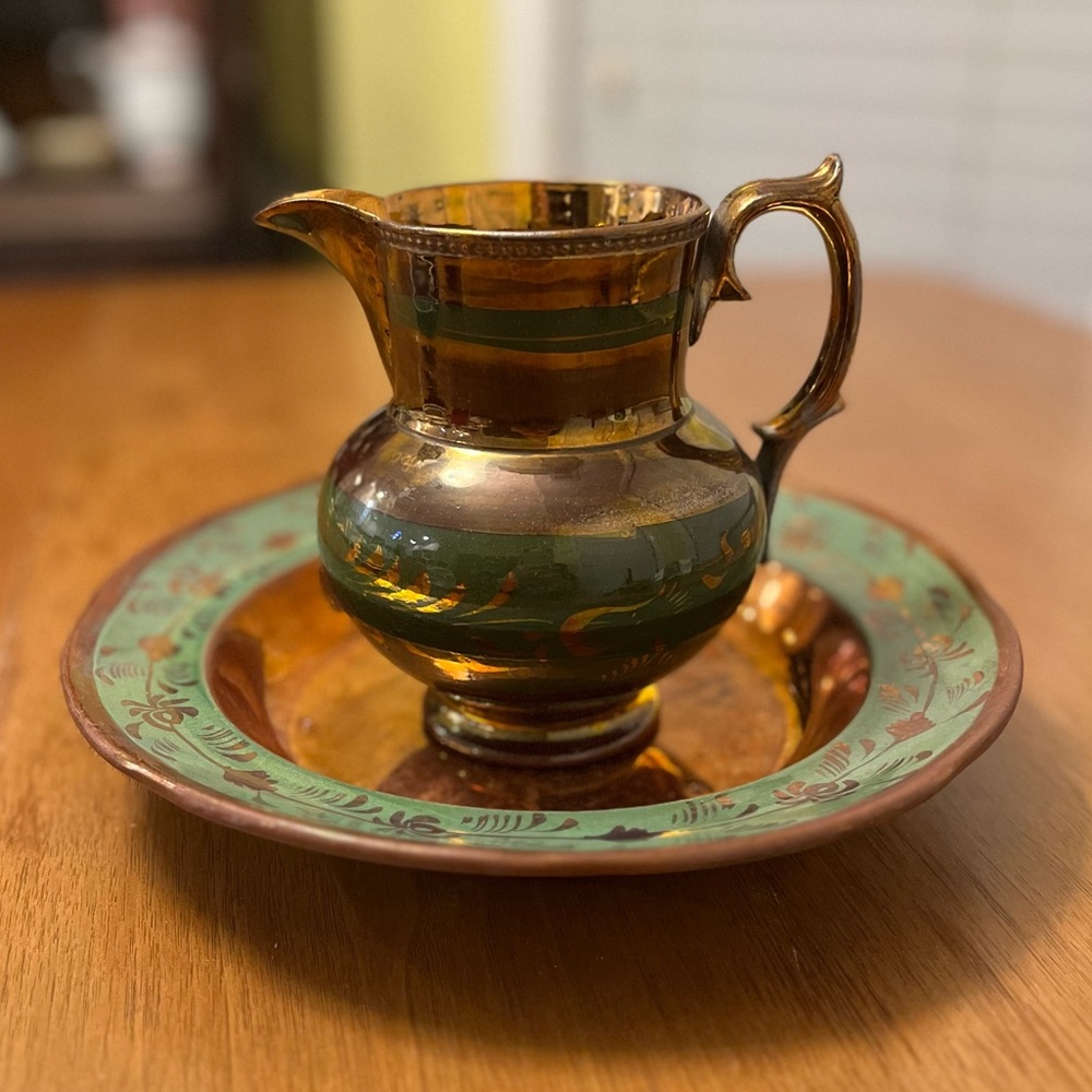 Antique Pottery Lusterware Coppertone Small Pitcher and Bowl